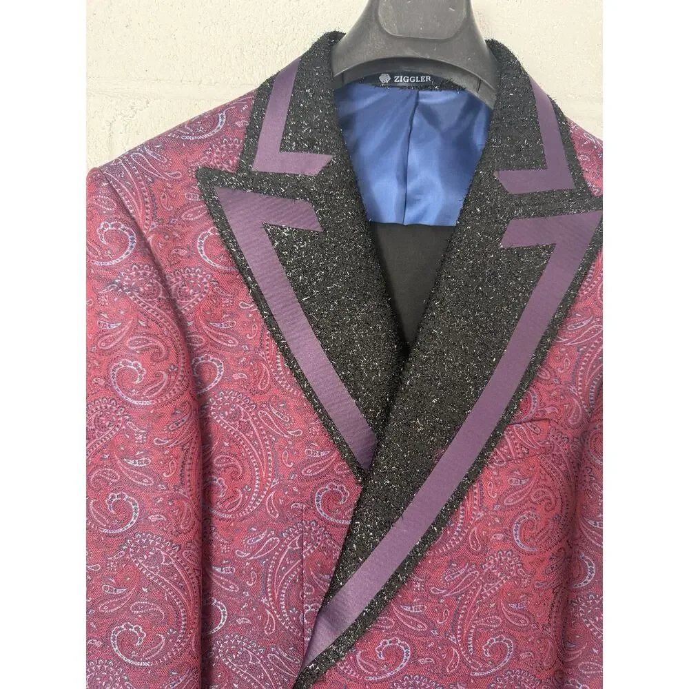 Ziggler Milano Mens Tuxedo Suit Blazer Pants Paisley Red Blue US 46 EU 56 T10